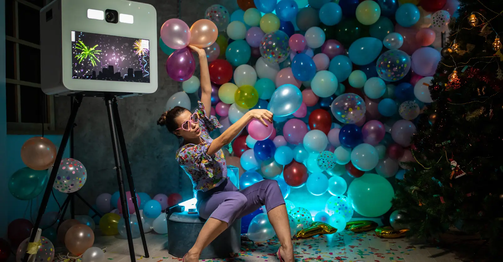 woman using a photo booth with many multi-colored balloons